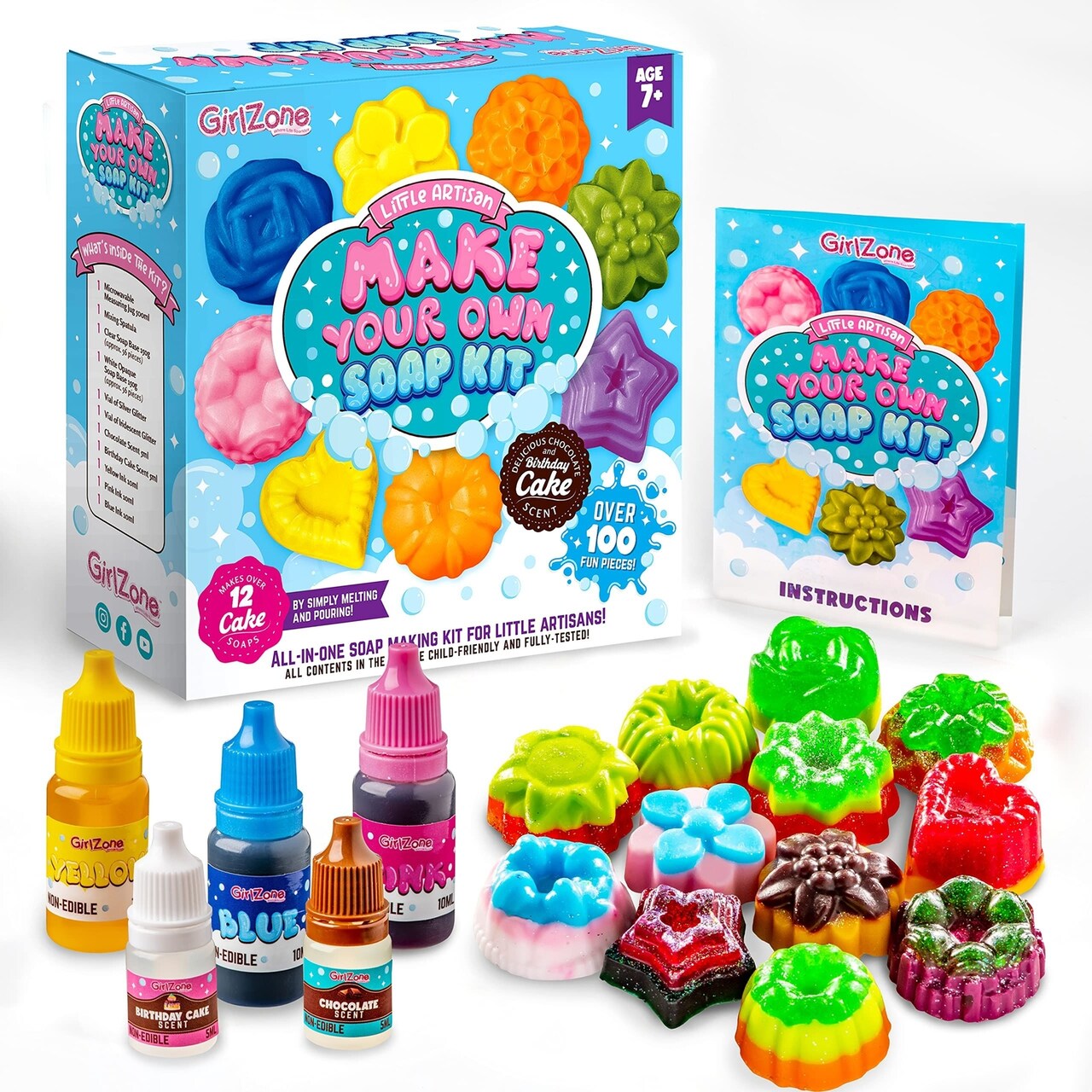 GirlZone Little Artisan Make Your Own Soap Kit, Over 100 Awesome Pieces in One Soap Making Kit to Create 12 Cake Kids Soap with Yummy Scents and Colors